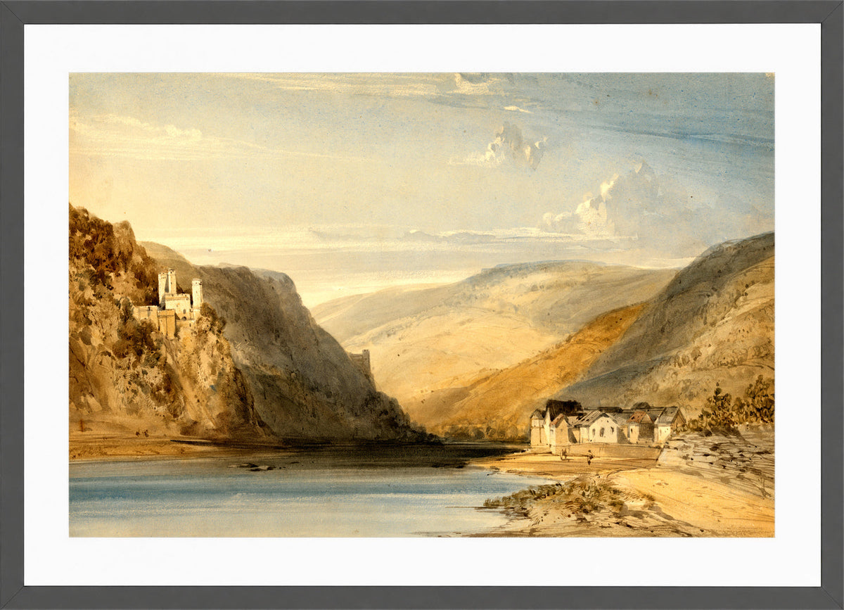 William Callow Print, The Rhine at Assmannshausen (1863) in a dark grey frame