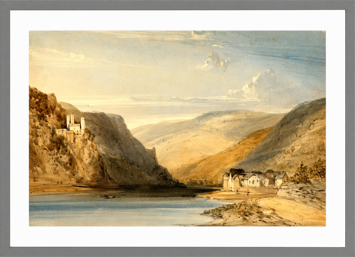 William Callow Print, The Rhine at Assmannshausen (1863) in a light grey frame