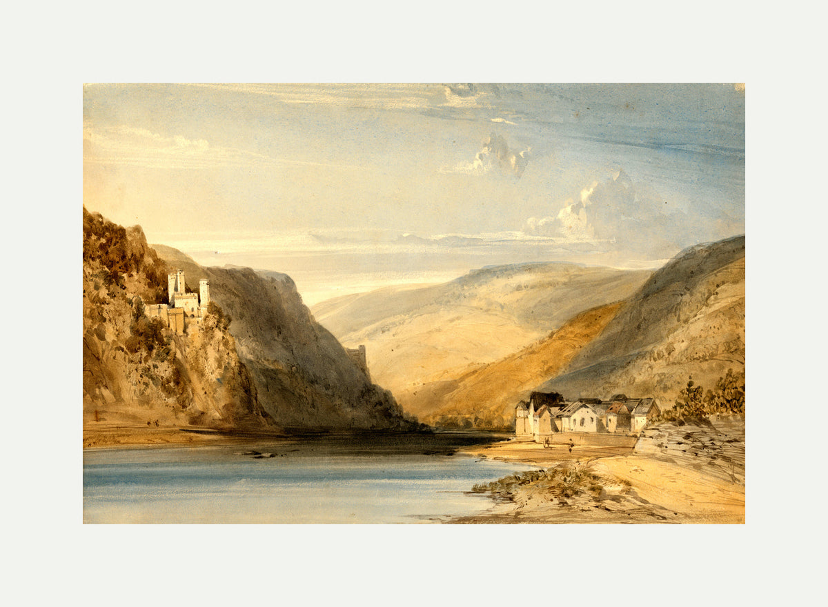 William Callow Print, The Rhine at Assmannshausen (1863) with an off-white border for rolled canvas