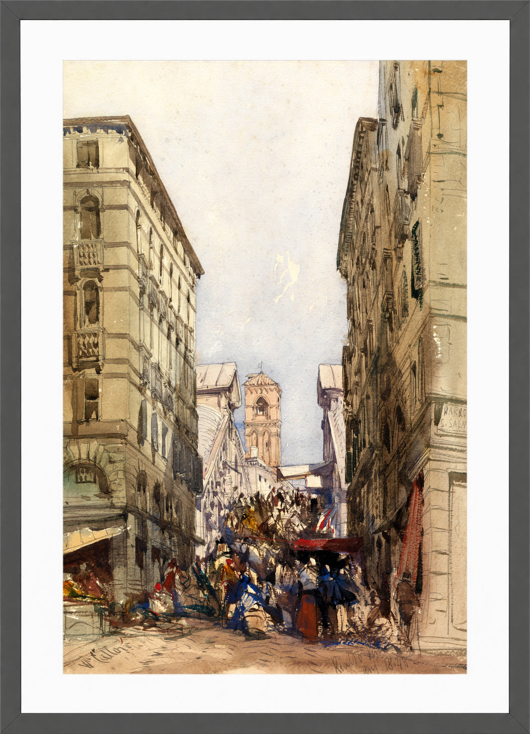 William Callow Print, The Rialto (1846) in a dark grey frame
