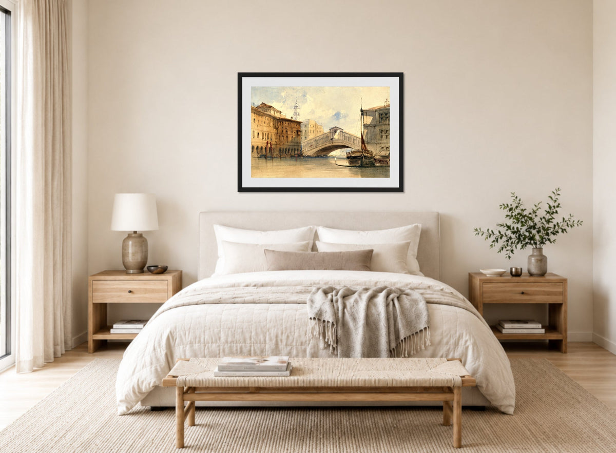 William Callow Print, The Rialto Bridge, Venice displayed above a bed