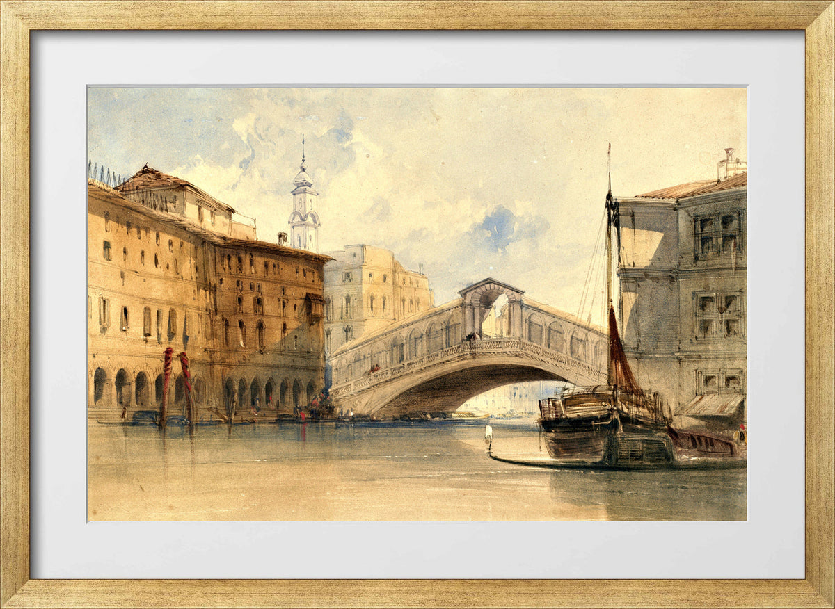 William Callow Print, The Rialto Bridge, Venice in a gold frame