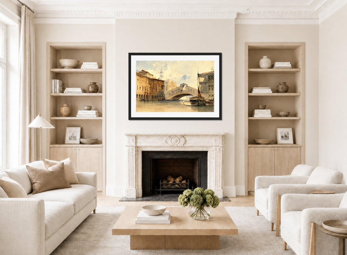 William Callow Print, The Rialto Bridge, Venice displayed in a Scandinavian living room
