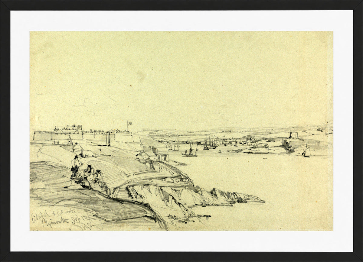 William Callow Print, The Royal Citadel and Cattewater, Plymouth (1842) in a black frame