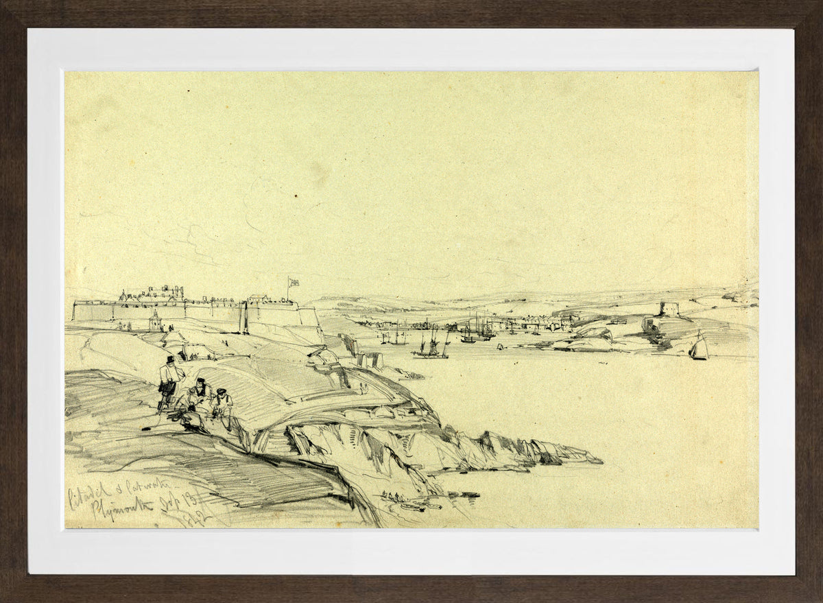 William Callow Print, The Royal Citadel and Cattewater, Plymouth (1842) in a brown frame