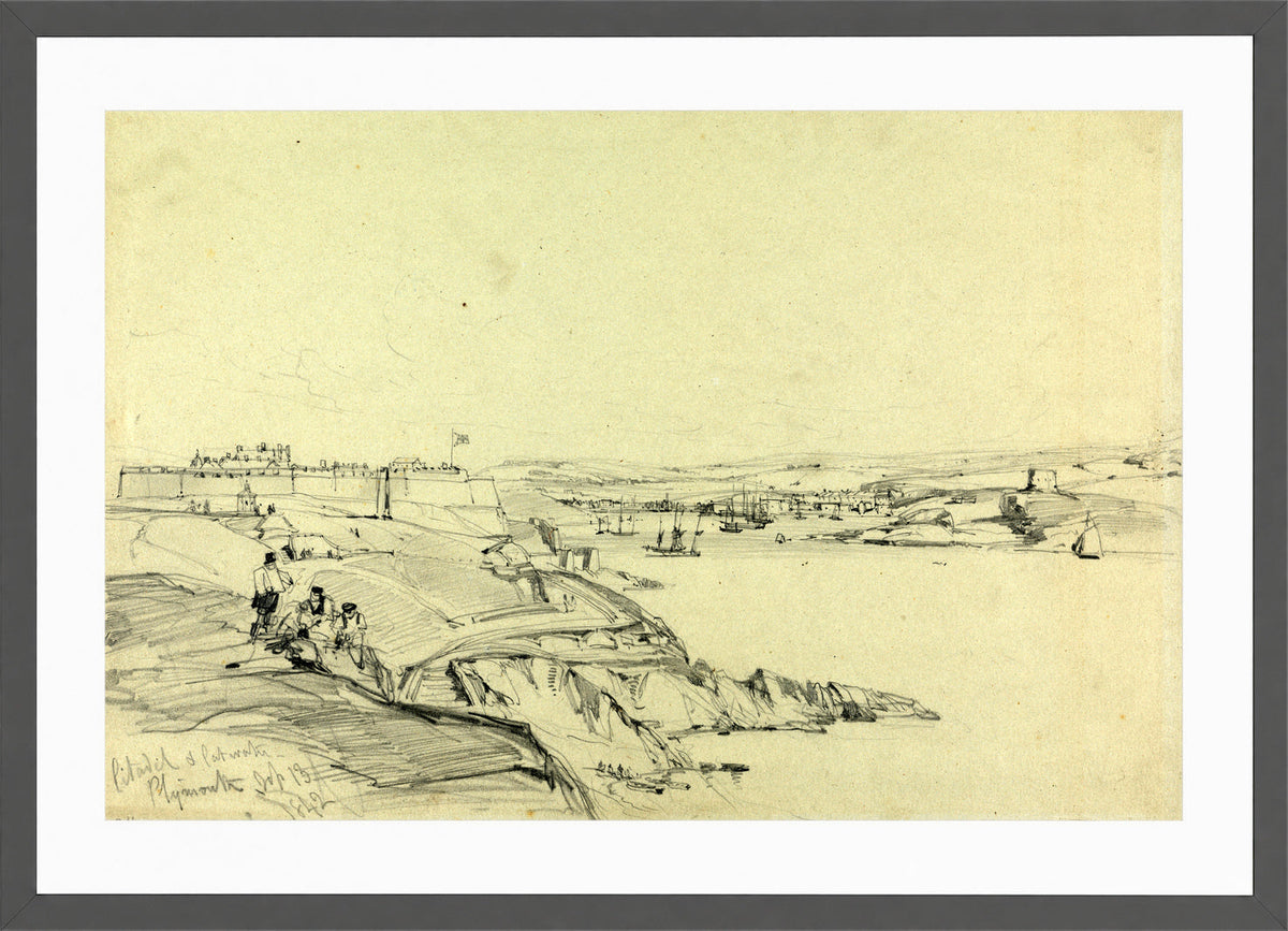 William Callow Print, The Royal Citadel and Cattewater, Plymouth (1842) in a dark grey frame