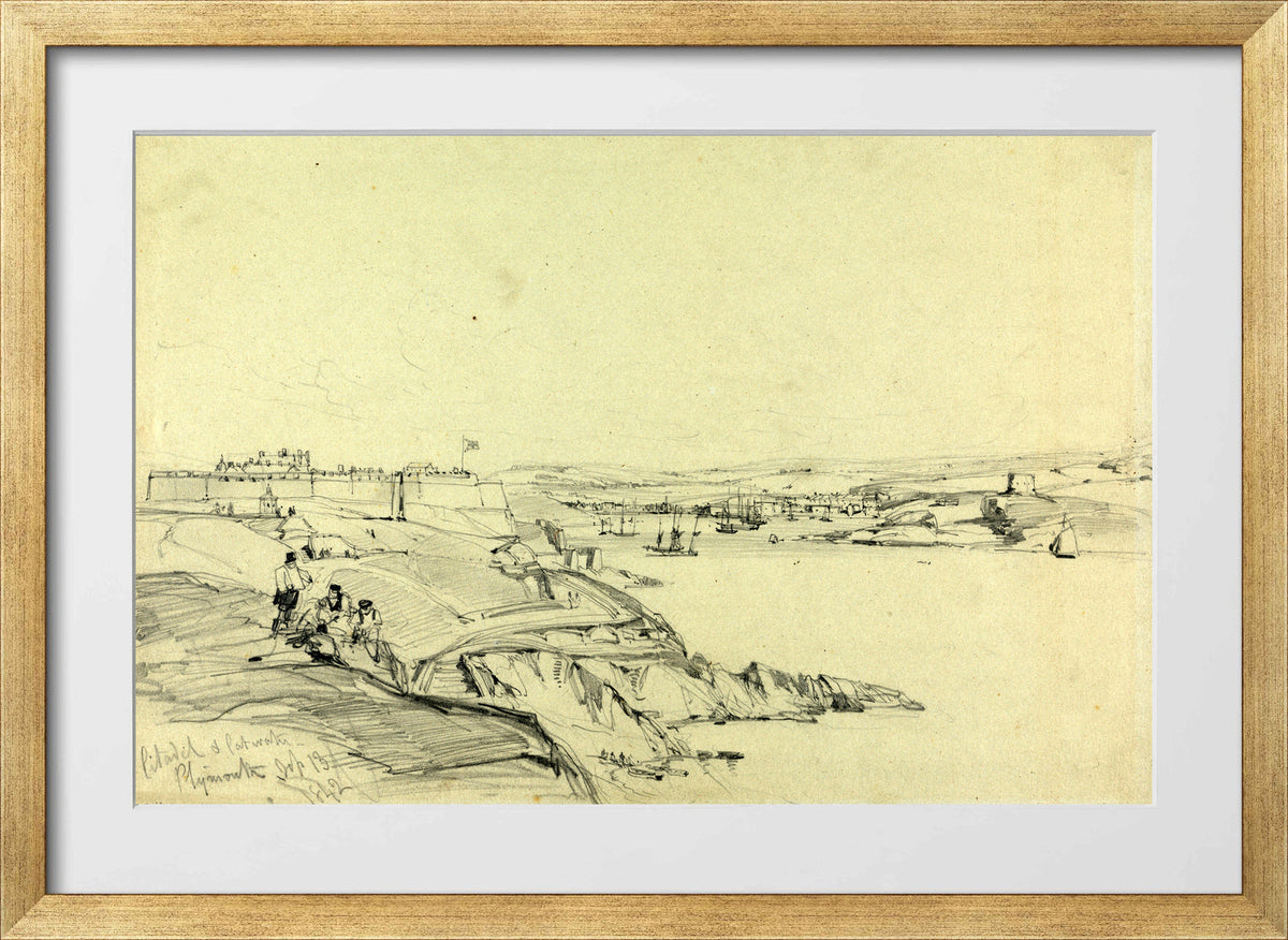 William Callow Print, The Royal Citadel and Cattewater, Plymouth (1842) in a gold frame