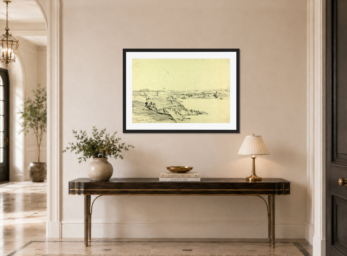 William Callow Print, The Royal Citadel and Cattewater, Plymouth (1842) displayed above a console table