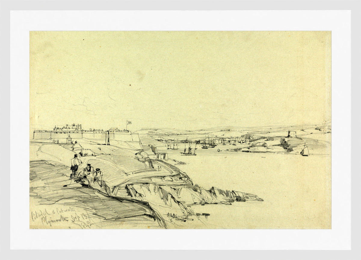 William Callow Print, The Royal Citadel and Cattewater, Plymouth (1842) in a white frame