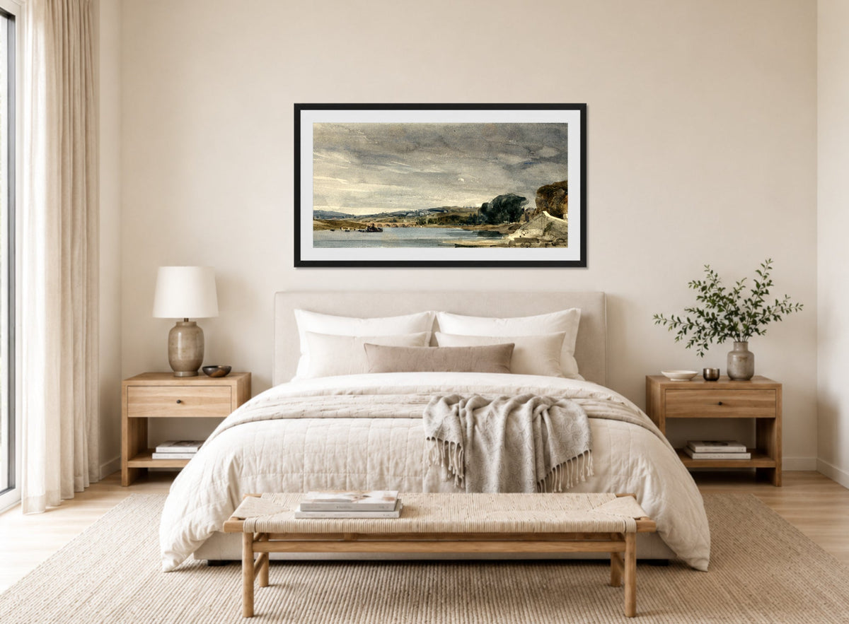 William Callow Print, The Seine at St displayed above a bed