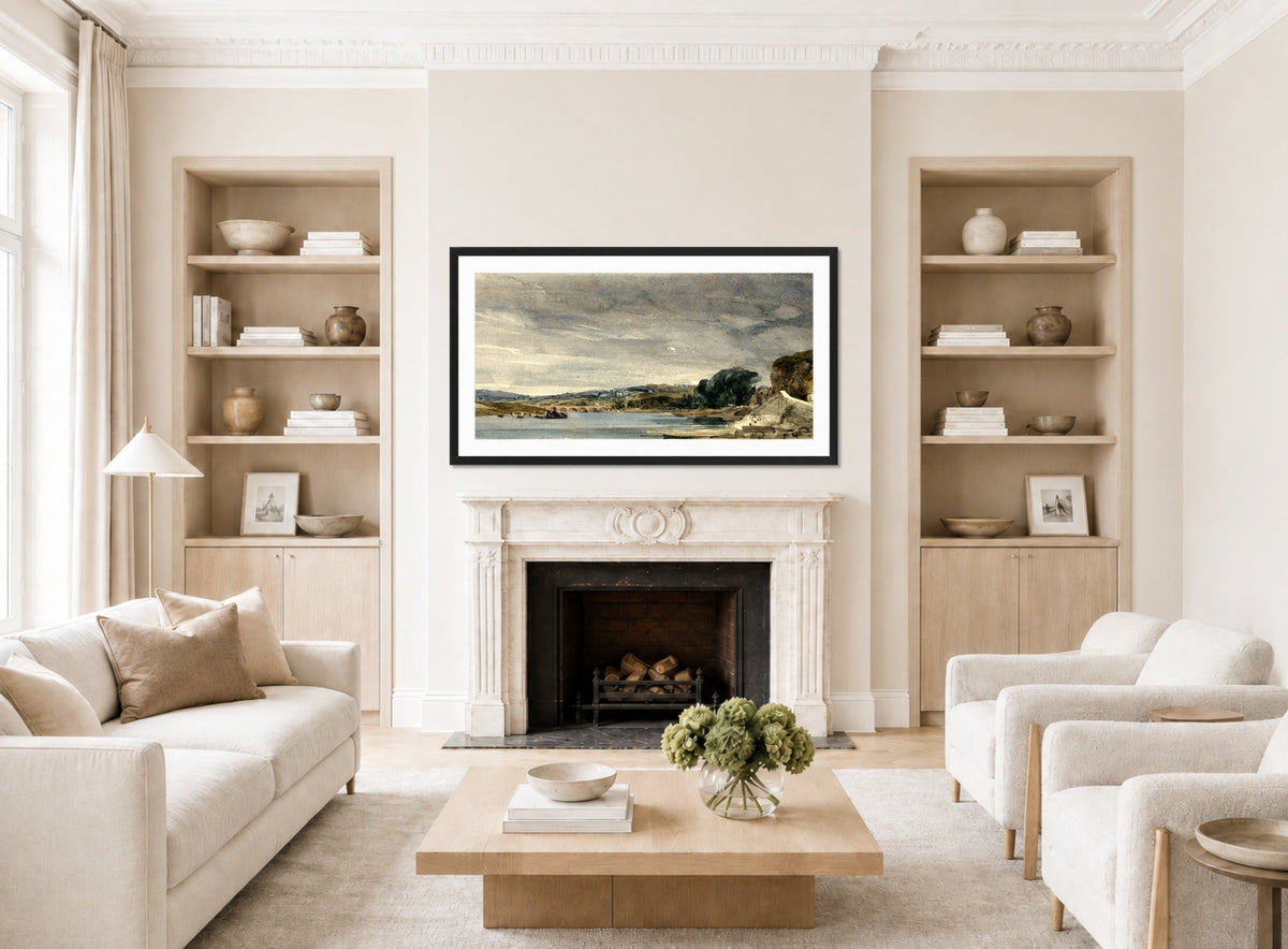 William Callow Print, The Seine at St displayed in a Scandinavian living room