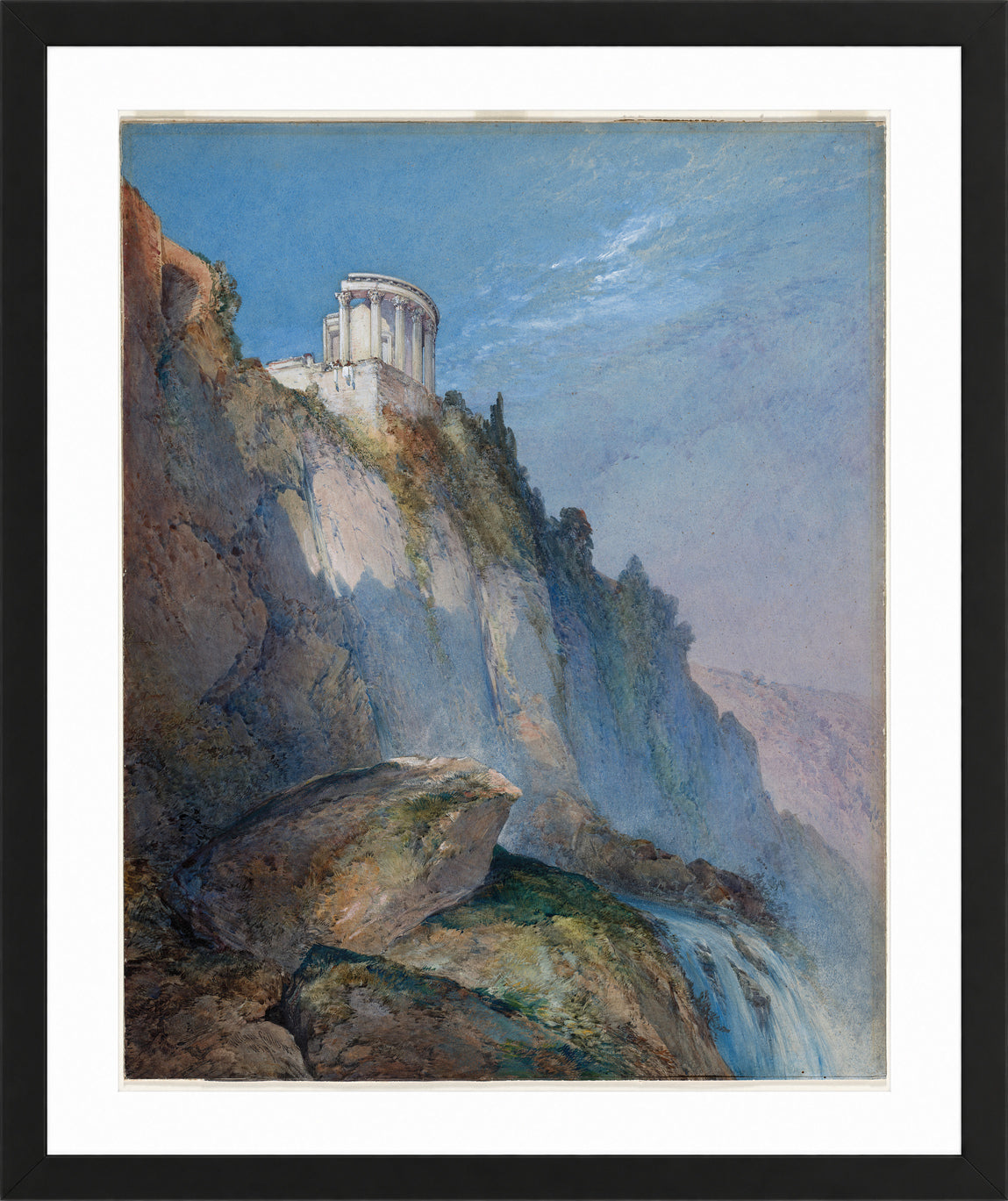 William Callow Print, The Temple of Vesta and the Falls at Tivoli (1859) in a black frame
