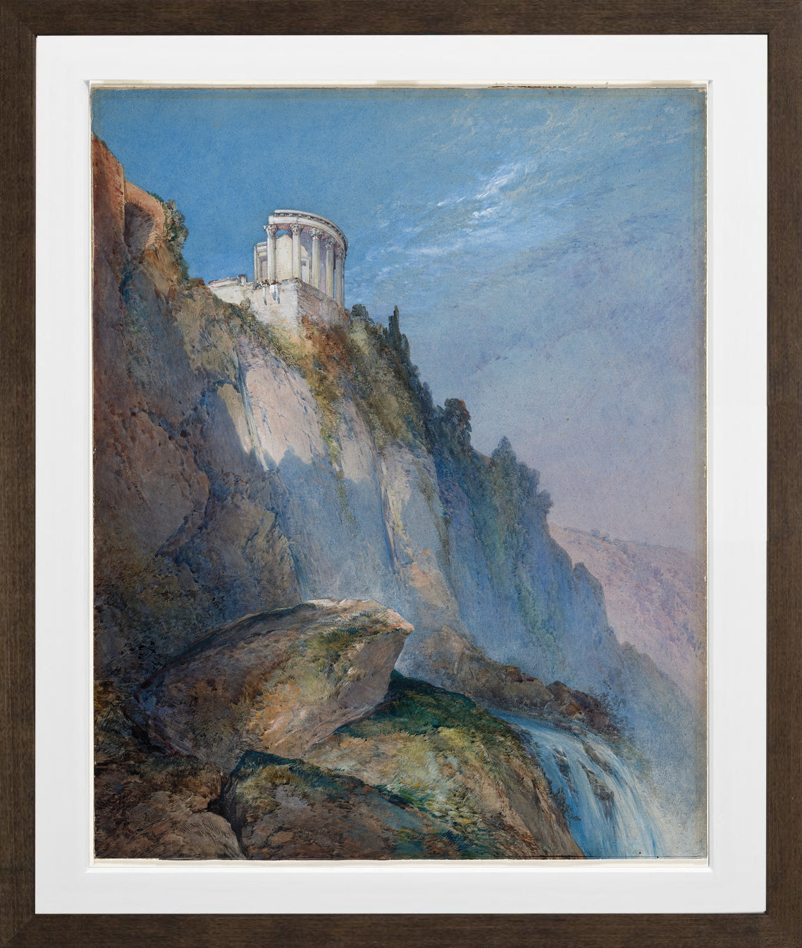 William Callow Print, The Temple of Vesta and the Falls at Tivoli (1859) in a brown frame