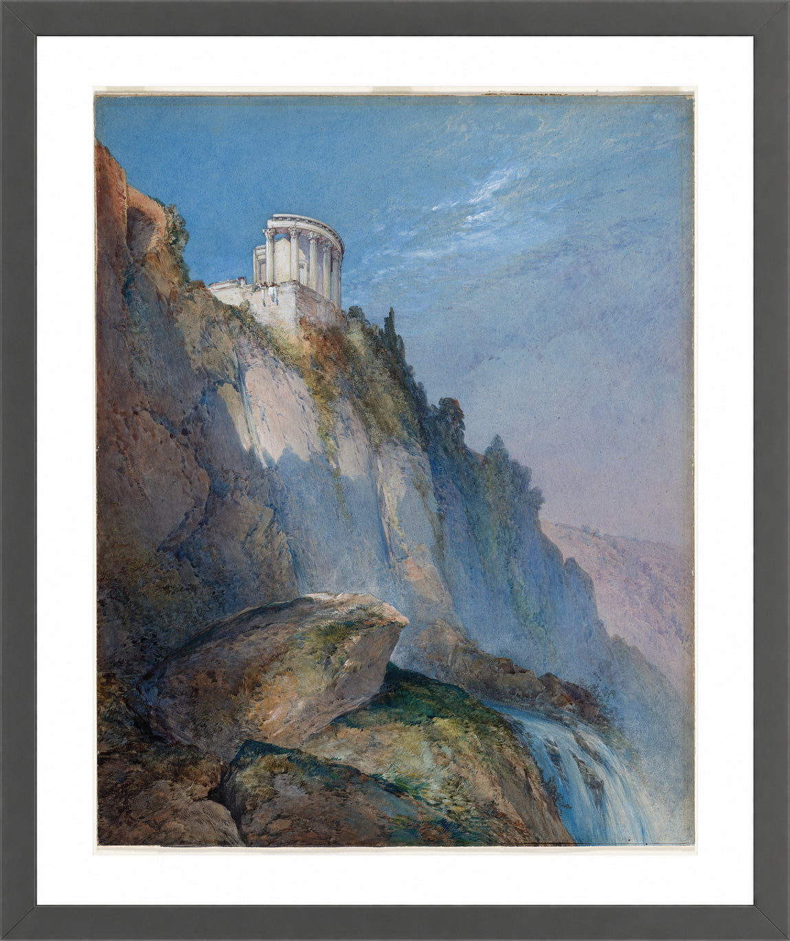William Callow Print, The Temple of Vesta and the Falls at Tivoli (1859) in a dark grey frame