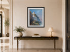 William Callow Print, The Temple of Vesta and the Falls at Tivoli (1859) displayed above a console table