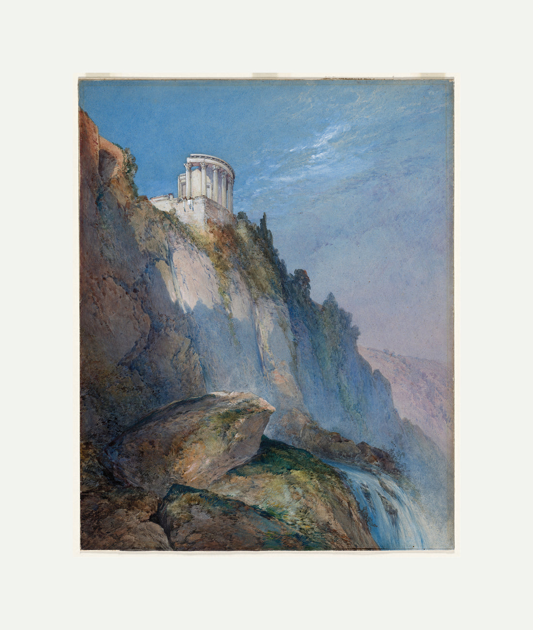 William Callow Print, The Temple of Vesta and the Falls at Tivoli (1859) with an off-white border for rolled canvas