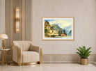 William Callow Print, View of a town, possibly Oberwesel, on the Rhine, Germany displayed in an Art Deco interior