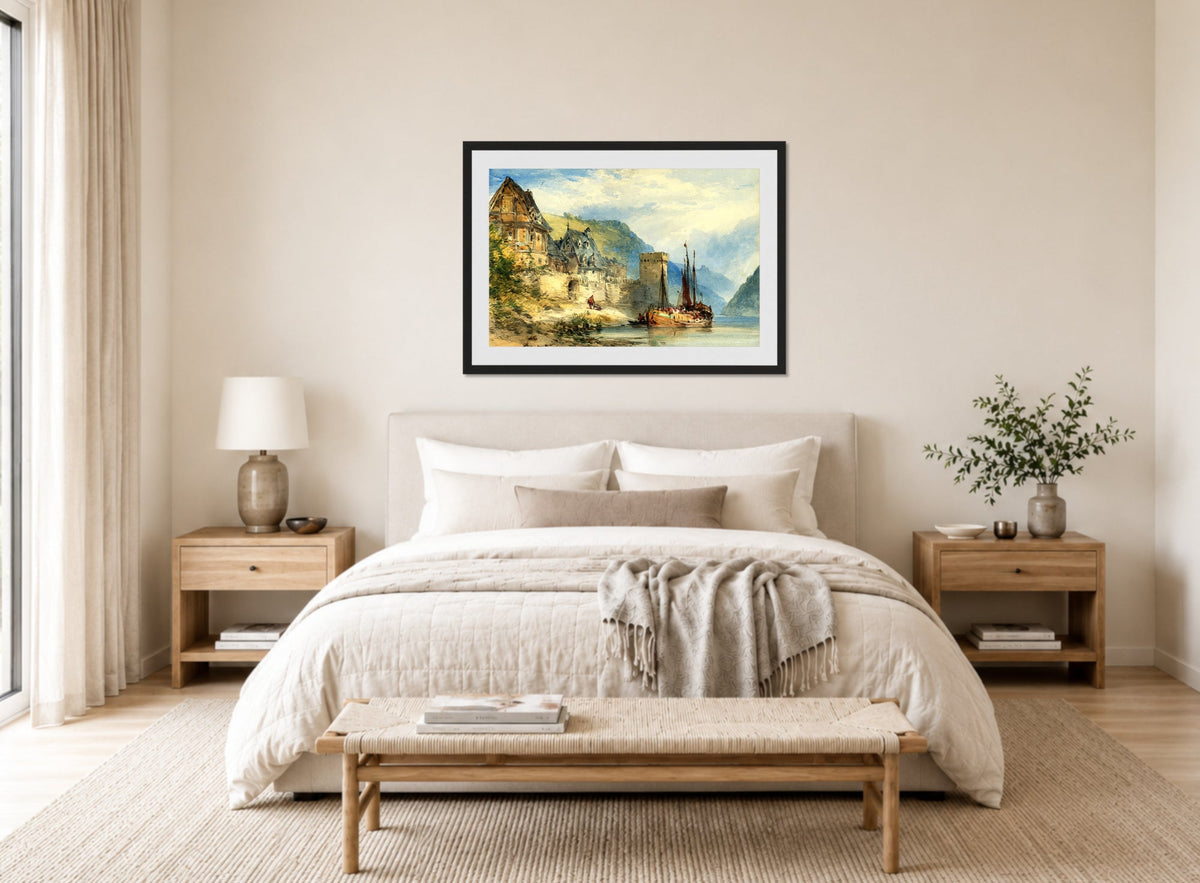 William Callow Print, View of a town, possibly Oberwesel, on the Rhine, Germany displayed above a bed