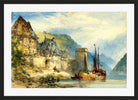 William Callow Print, View of a town, possibly Oberwesel, on the Rhine, Germany in a black frame