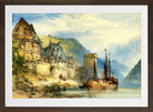 William Callow Print, View of a town, possibly Oberwesel, on the Rhine, Germany in a brown frame