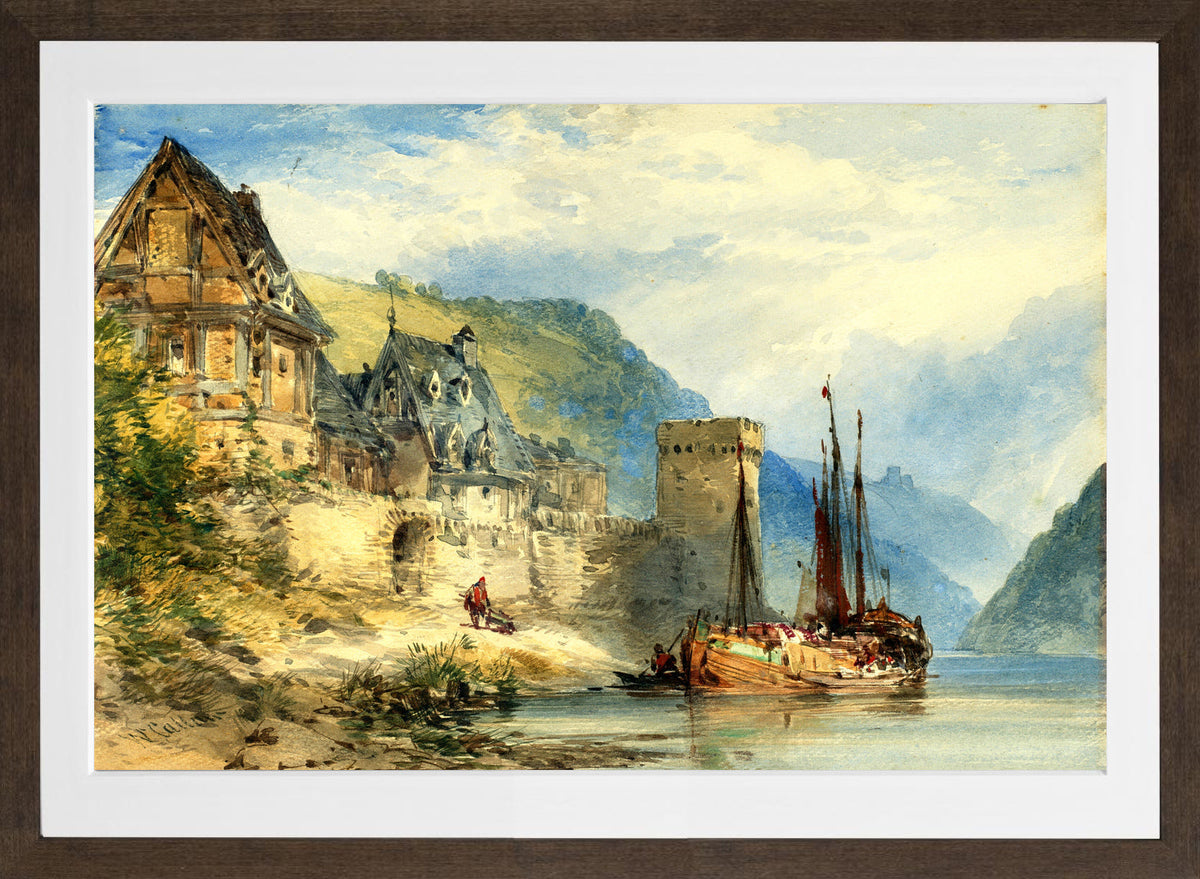 William Callow Print, View of a town, possibly Oberwesel, on the Rhine, Germany in a brown frame