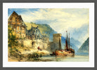 William Callow Print, View of a town, possibly Oberwesel, on the Rhine, Germany in a dark grey frame