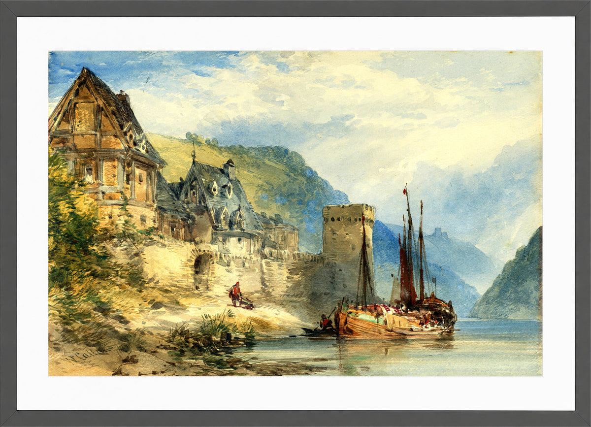 William Callow Print, View of a town, possibly Oberwesel, on the Rhine, Germany in a dark grey frame