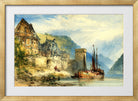 William Callow Print, View of a town, possibly Oberwesel, on the Rhine, Germany in a gold frame