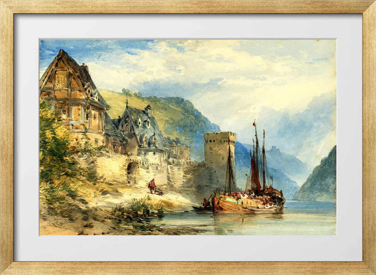 William Callow Print, View of a town, possibly Oberwesel, on the Rhine, Germany in a gold frame