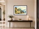 William Callow Print, View of a town, possibly Oberwesel, on the Rhine, Germany displayed above a console table