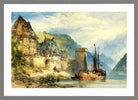 William Callow Print, View of a town, possibly Oberwesel, on the Rhine, Germany in a light grey frame