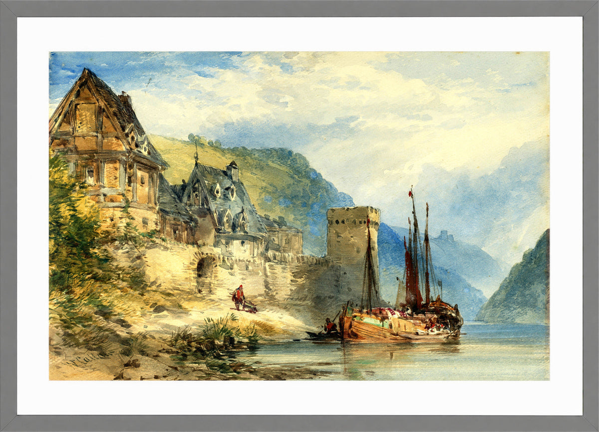 William Callow Print, View of a town, possibly Oberwesel, on the Rhine, Germany in a light grey frame