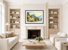 William Callow Print, View of a town, possibly Oberwesel, on the Rhine, Germany displayed in a Scandinavian living room