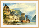 William Callow Print, View of a town, possibly Oberwesel, on the Rhine, Germany in an oak frame