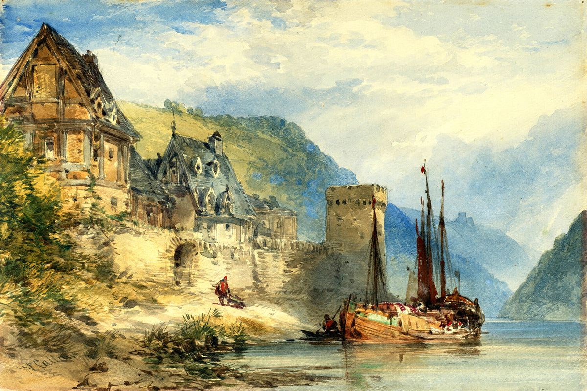 William Callow Print, View of a town, possibly Oberwesel, on the Rhine, Germany as an unframed print