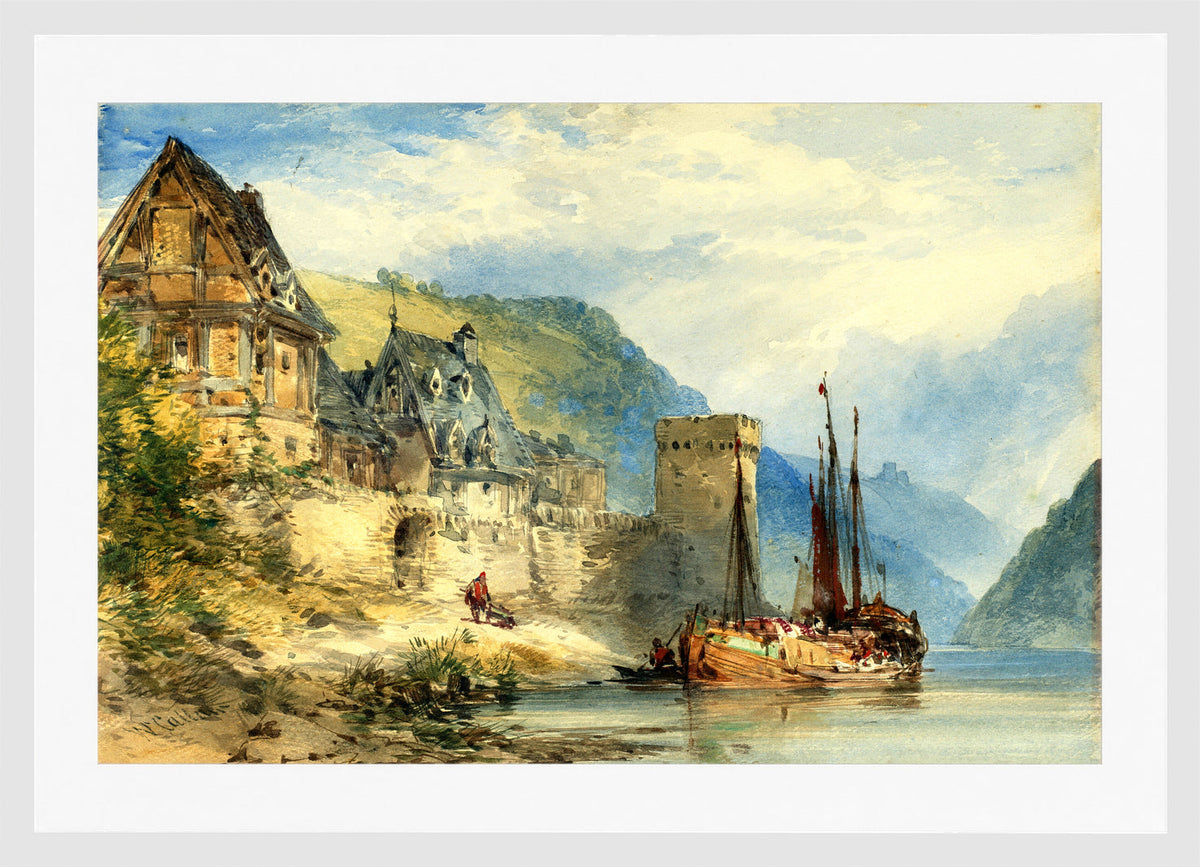 William Callow Print, View of a town, possibly Oberwesel, on the Rhine, Germany in a white frame