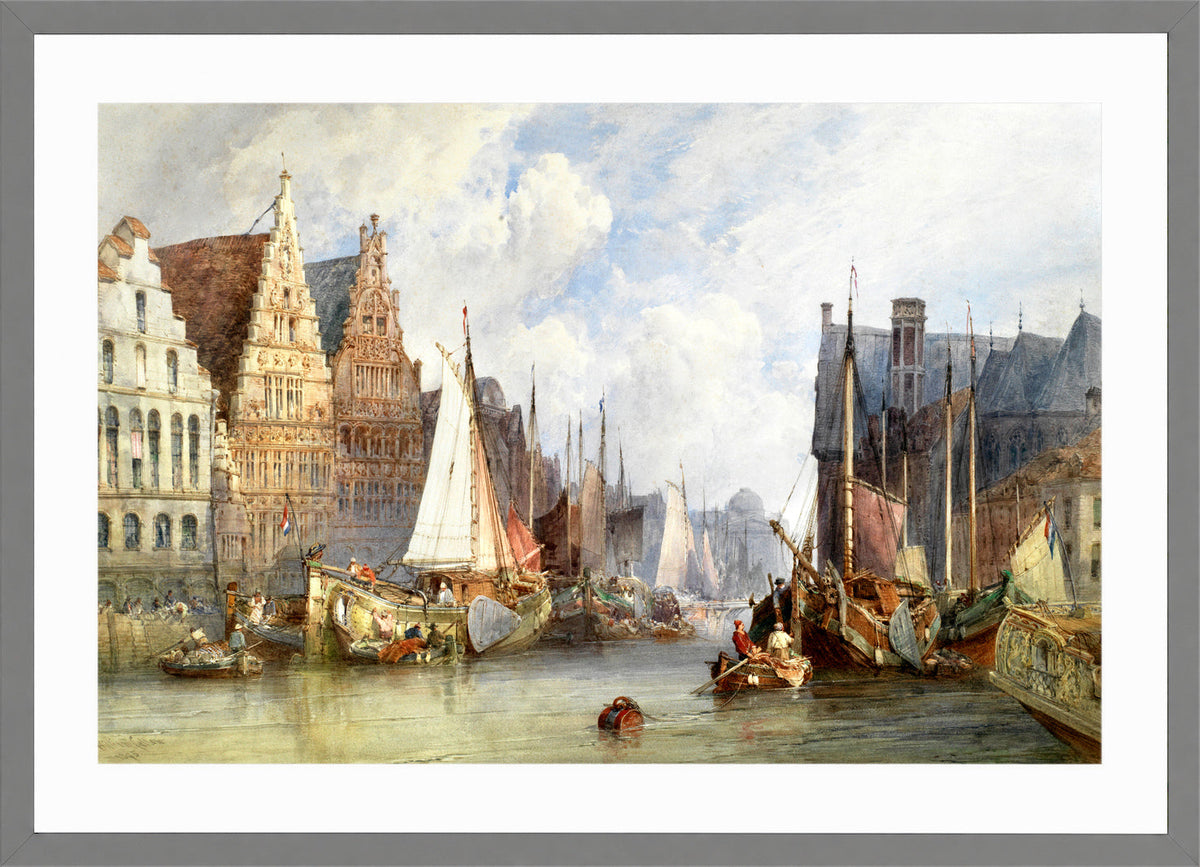 William Callow Print, View of Ghent (1895) in a light grey frame