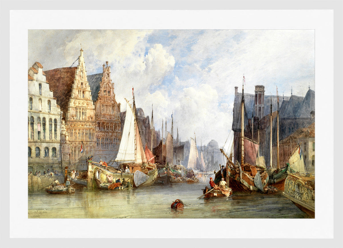 William Callow Print, View of Ghent (1895) in a white frame