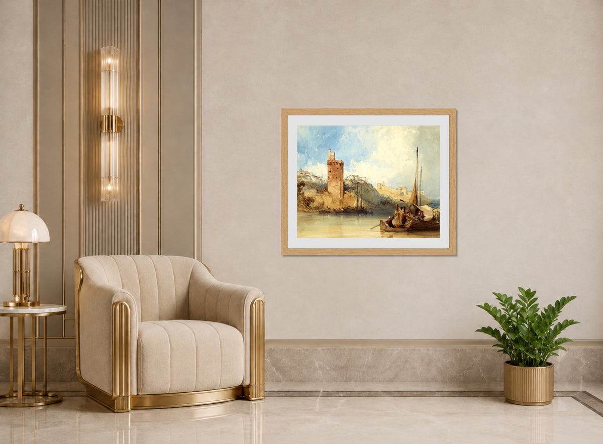 William Callow Print, Villeneuve lez Avignon (1840) displayed in an Art Deco interior
