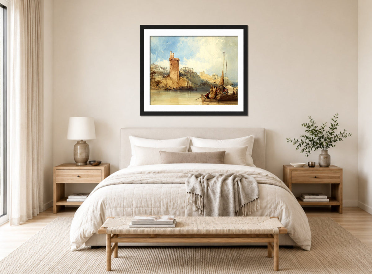 William Callow Print, Villeneuve lez Avignon (1840) displayed above a bed