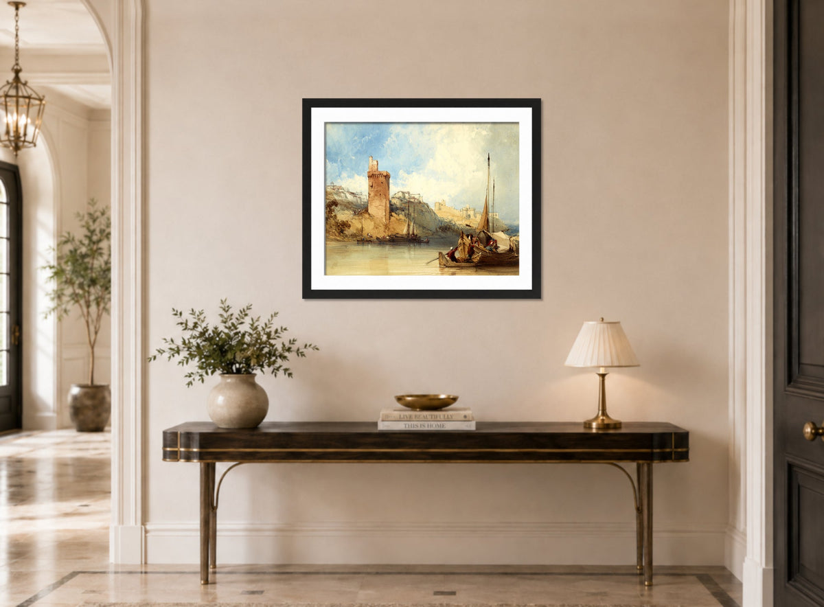 William Callow Print, Villeneuve lez Avignon (1840) displayed above a console table