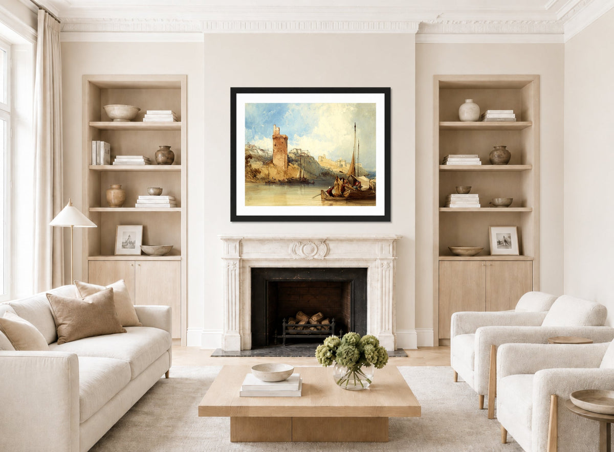 William Callow Print, Villeneuve lez Avignon (1840) displayed in a Scandinavian living room