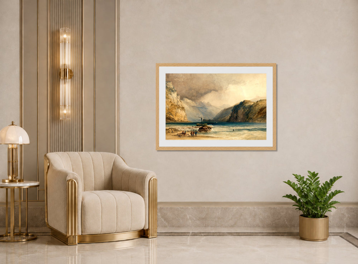 William Callow Print, Walenstadt, from Weesen, Switzerland (1842) displayed in an Art Deco interior