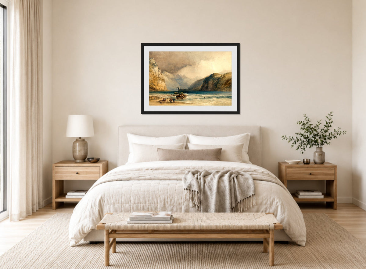 William Callow Print, Walenstadt, from Weesen, Switzerland (1842) displayed above a bed