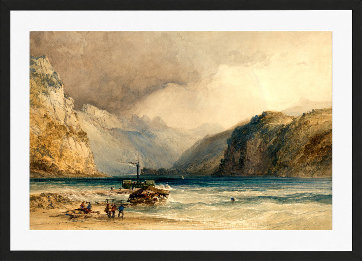 William Callow Print, Walenstadt, from Weesen, Switzerland (1842) in a black frame