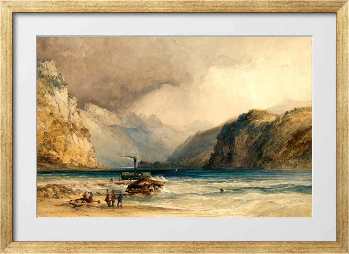 William Callow Print, Walenstadt, from Weesen, Switzerland (1842) in a gold frame