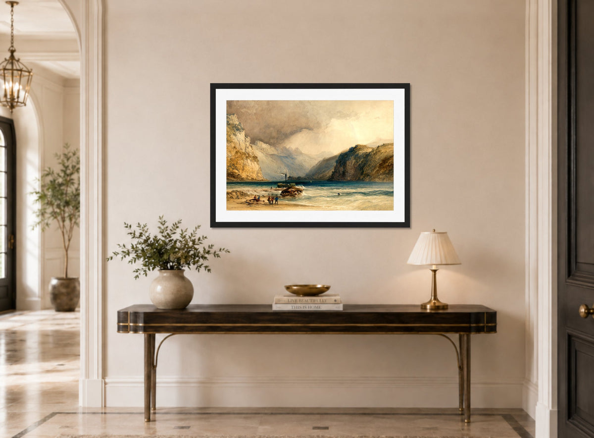 William Callow Print, Walenstadt, from Weesen, Switzerland (1842) displayed above a console table
