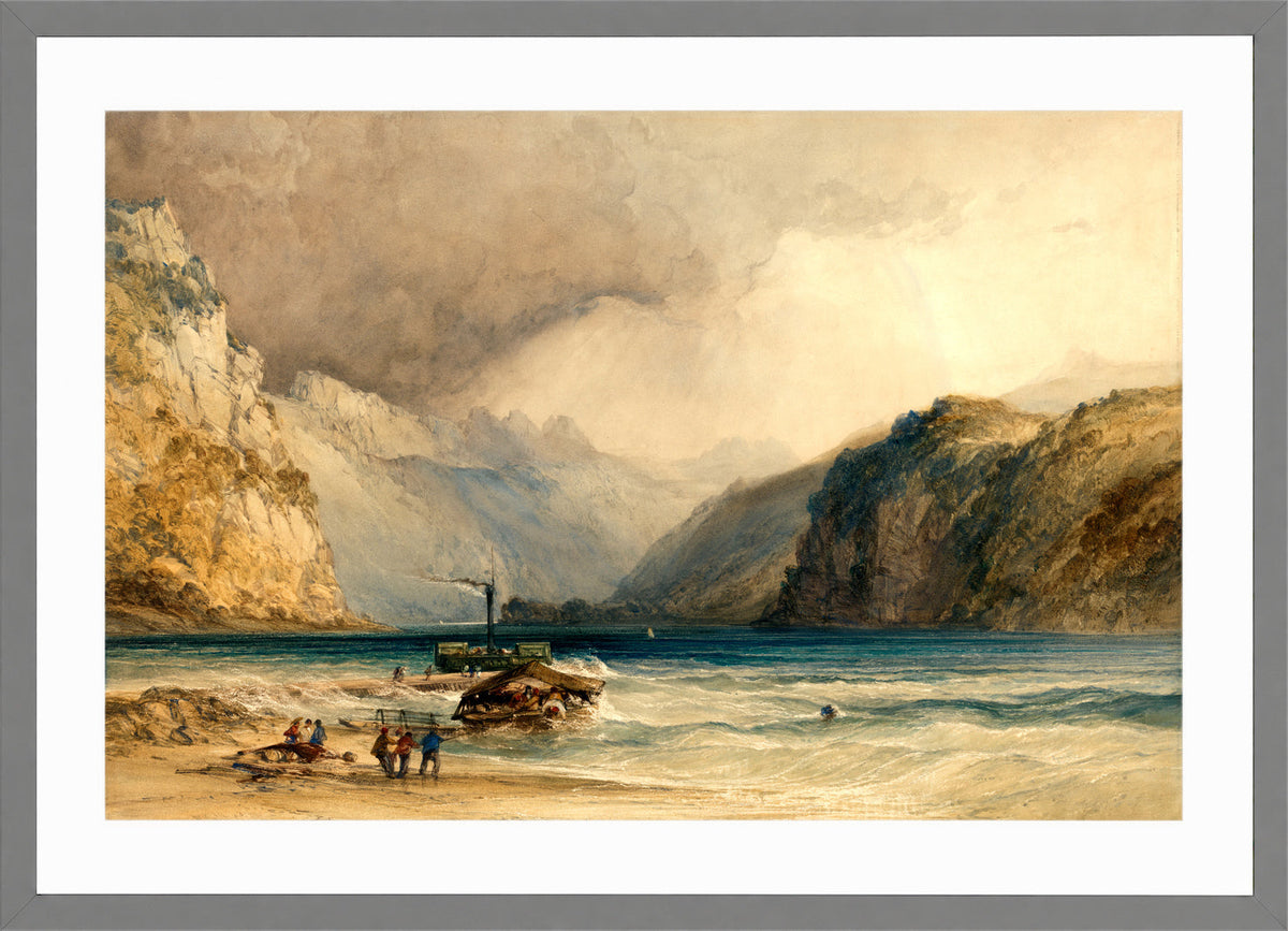 William Callow Print, Walenstadt, from Weesen, Switzerland (1842) in a light grey frame