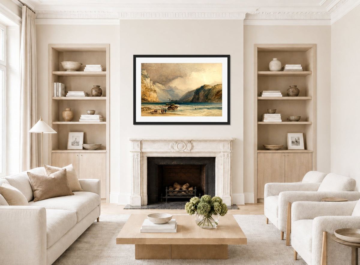 William Callow Print, Walenstadt, from Weesen, Switzerland (1842) displayed in a Scandinavian living room
