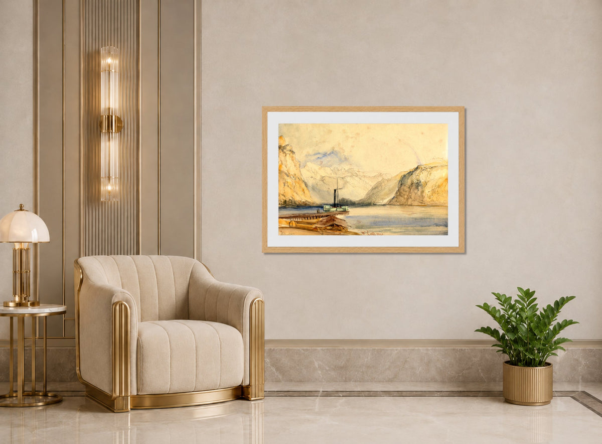 William Callow Print, Wallenstadt from Wesen, Switzerland (1838) displayed in an Art Deco interior